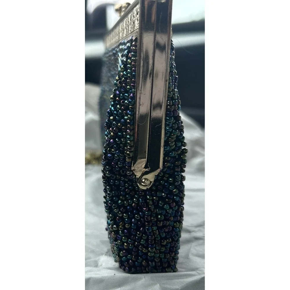 Iridescent Beaded Evening Clutch Bag Gold Tone Frame Chain Strap Navy Blue